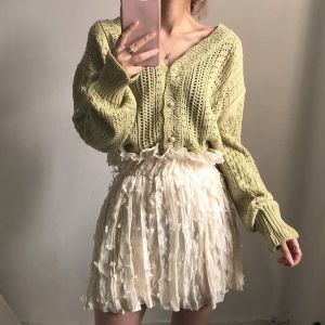 MINOSA Women Elegant Cute Wool Knit Cardigan Sweater Pearl Button Long Sleeve Loose One Size Korean Style Casual Student Plain Knitwear Free Size Oversize (White/Matcha)
