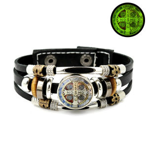 Ly eagle Noctilucent Saint Benedict Holy Medal Bracelet Luminous Jewelry Vintage Christian CSPB Glow Catholic Leather Bracelet