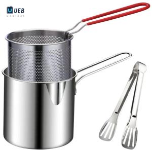 Ueblock✈Tempura Fryer Pan with Strainer & Food Tongs Stainless Steel Tempura Small Deep Frying Pan Chicken Fried Cooking Tools