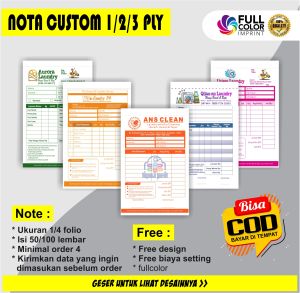 Cetak Buku Nota Laundry Custom Ukuran 1/4 polio 1 ply 2 ply dan 3 ply pake nama toko sendiri