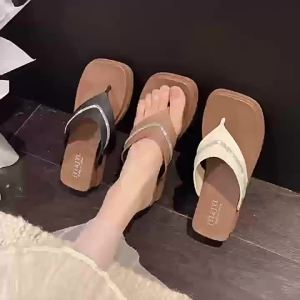 Summer WomenS New Square-Toed Wedge Heel Height-Increasing Versatile Rhinestone Beach Open-Toe Flip-Flops