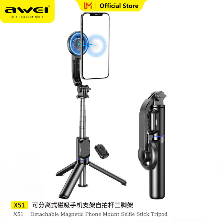 Awei X51 Bluetooth Selfie Stick Tripod Phone Holder Stabilizer 1015mm  Extended 10M Pan-Tilt Anti-Shaking Camera Stabilizer Reinforced Three-Leg 