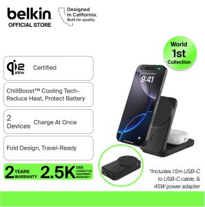 Belkin WIZ038my UltraCharge 2in1 Foldable Magnetic Charger with Qi2 25W (iphone 17/16pixel 10 pro xl)