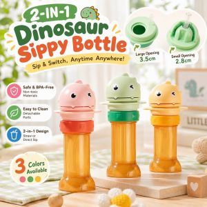 2-in-1 Kids Sippy Bottle Cap Dinosaur Twist Cover with Silicone Straw BPA-Free Spill Proof for Juice