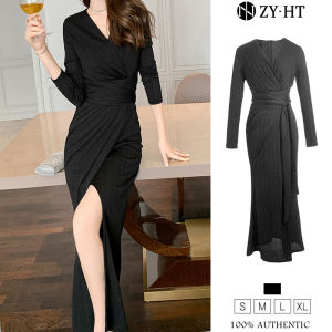 ZY·HT Simple Fashion V Neck Long Sleeve Side Slit Long Casual Dress 5425 eravogue