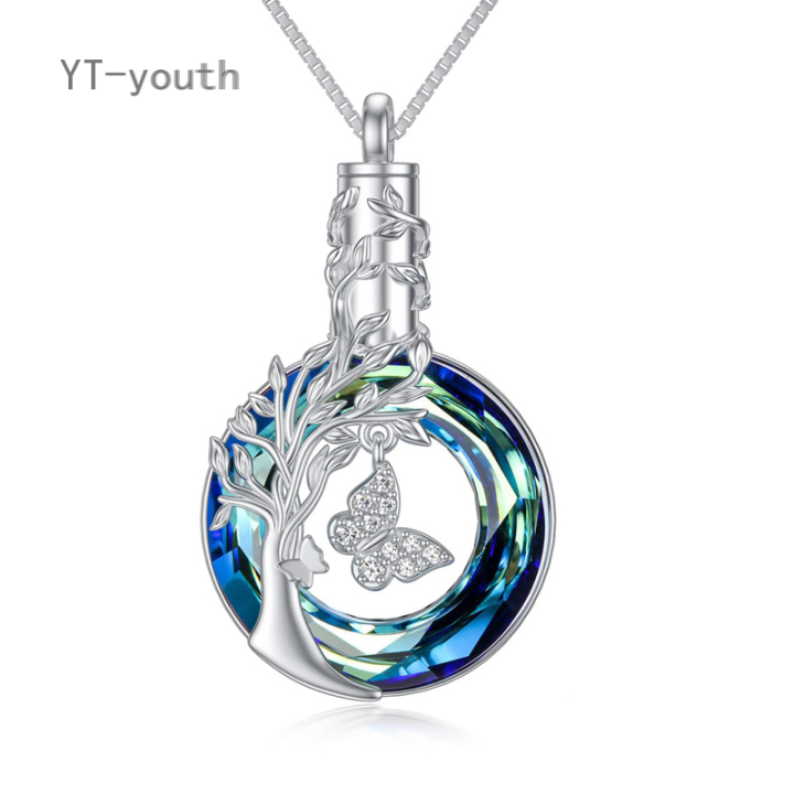 YT-Tree Of Life Urn Necklace Sterling Silver Butterfly Cremation Jewelry  For Ashes Round Crystal Memorial Pendant Jewelry For Women Girls Friends  Mom