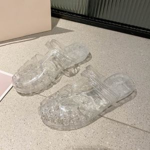 SFHDHETRR Hollow Flower PVC Crystal Slippers Transparent Cover Toe Flats Slippers Women Simple Beachwear Shoes 2 in 1 Slippers Summer