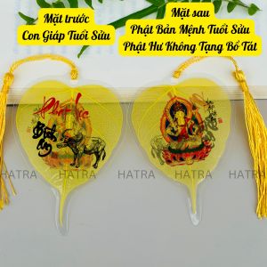 Lá bồ đề 2 mặt 12 con giáp - tuổi Sửu và phật bản mệnh cao cấp để ốp lưng điện thoại treo xe ô tô