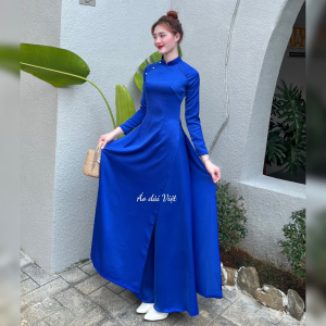 Áo dài xanh coban truyền thống đính ngọc may sẵn xanh dương đậm trơn lụa tây thi bóng nhẹ cao cấp loại I