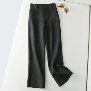 Women Cotton And Linen Wide Leg Pants Female Solid Color Loose Fitting Flax Straight Leg Trousers Ladies Leisure Flax Pantalons