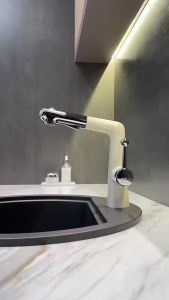 All-Copper Milk White Pull-Out Adjustable Basin Faucet Wash Basin Hot and Cold Rotating Telescopic Shower Head Rainfall Splash-Proof