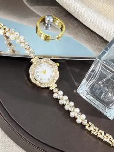 Vòng tay dây chuyền kim cương nhỏ ngọc trai lãng mạn Pháp đồng hồ nữ tinh xảo với mặt số ngọc trai kỹ thuật số đồng hồ đeo tay quartz