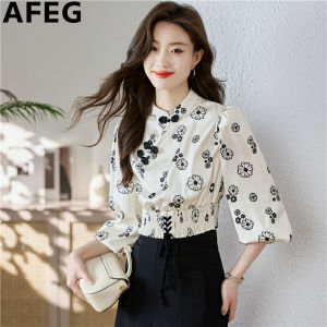 AFEG new Korean version stand collar short fashion loose and eclectic retro plate button printed satin lantern sleeve blouse