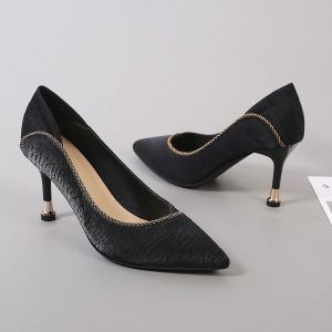 Free Shipping Genuine Leather Elegant High Heels For Women Thin Heels 5-7Cm Work Shoes Black Suitable For Office Wear Professional Settings And Interviews