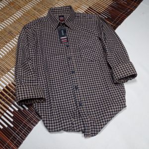 Kemeja flanel lengan panjang Mbano catur coklat kecil