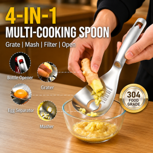 Top Seller 4 IN 1 MULTI-COOKING SPOON | Kitchen Strainer Spoon | All In One Cooking Tool | Cooking Spoon with Grater | Multifunction Cooking Spoon | Made from 304 Food-Grade Stainless Steel | Kitchen Spoon with Grater Masher Separator and Opener.