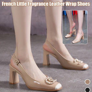 Womens square head metal buckle thick patent leather heels