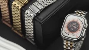 เหมาะสำหรับ Apple watch1-10 รุ่น Ultra 2 แถบเหล็ก สายนาฬิกาโลหะสแตนเลสแบบห้าเม็ดพับได้