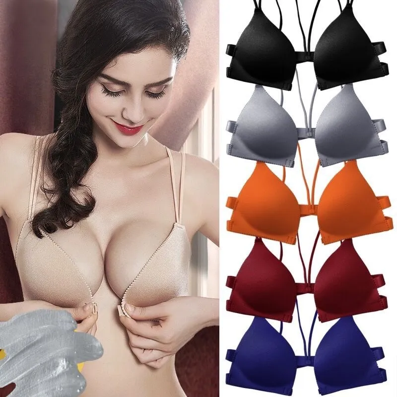 Fashion Sexy Seamless Lingerie Front Button Bra Girls Simple Solid Color  Front Fastening Back Cross Push Up Underwear