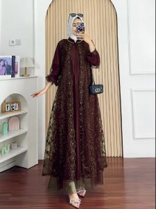 Gamis Brokat Terbaru Mewah Nadine Dres Tille Full Puring Mix Brukat M L XL XXL 3XL Dress Kondangan Wanita Jumbo Elegan Ootd Remaja Hijab Baju Seragaman Pernikahan Warna Mahogany Burgundy Hitam