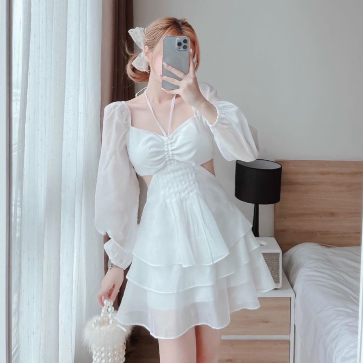 Váy trắng xếp ly dáng xoè, đầm trắng tiểu thư tay phồng 2 tầng chất vải xốp  AS227 | Shopee Việt Nam