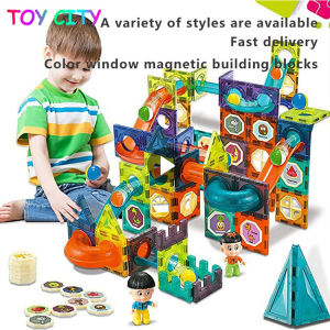 3D model Color window glow magnetic Puzzle building Blocks tiles set marble run track DIY kids Toys Develop Learn Shapes Colors for toddlers 1-3 years and above