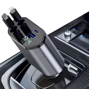 Fast Charger Car Phone Station Charger 4 in 1 LED Digital Display Retractable 2 Cables Type C and iOS portable car charger