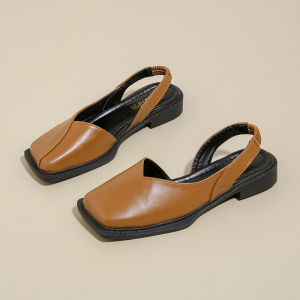 [Free Shipping] Summer New Korean-Style Flat Square-Toe Open-Back Sandals For Women With Low Heels