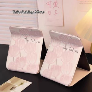 Foldable Mini Makeup Mirror Portable PU Leather Student Dormitory Desktop Standing Cosmetic Mirror