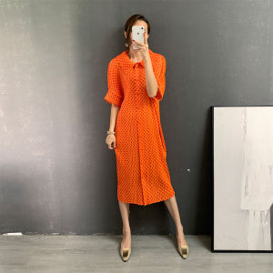 NOVA quality⭐Miyake pleated sweet polka-dot dress⭐ autumn new seaside holiday niche temperament short-sleeved long skirt