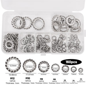 Feelife 160Pcs External Tooth Lock Washer Kit M3-M12 Star Serrated Gasket Spacer Assortment Set Stainless Steel Multi Tooth Washer Hardware Box