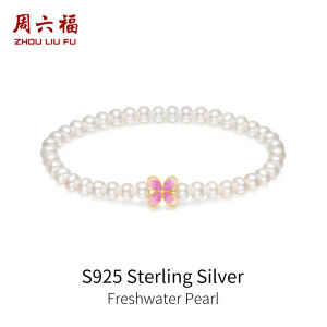 ZHOU LIU FU 周六福 S925 Sterling Silver Freshwater Pearl Bracelet with Colorful Butterfly & Floral Charms - Cute Jewelry Gift for Women 17cm X1914481 X1914482 X1914483