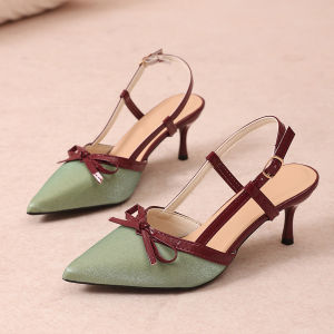 [Free Shipping] Bow-Knot Toe-Cap Sandals For Women New Summer Style Single-Strap Open-Back High Heels Fashionable Stiletto Heels Pointed-Toe Flats