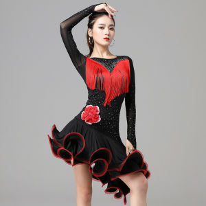 Women Dance Clothes Ballroom Dress Samba Diamond Costume Long Sleeves Embroidery Dresses Stretchy One-piece Floral Latin Dress