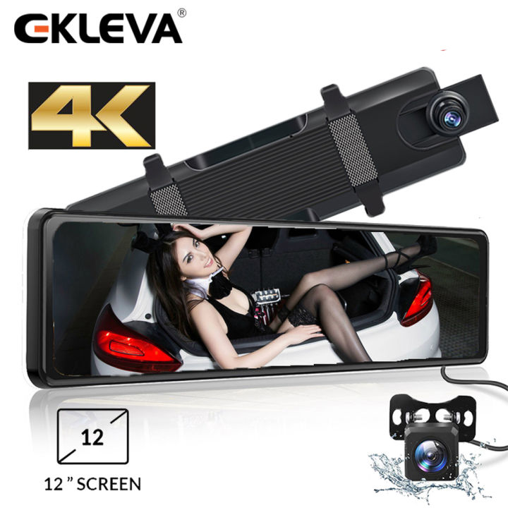 EKLEVA 4K Mirror Dash Cam Backup Camera for Cars 12 Inch Full Touch Screen  Rear View Front and Rear Dual Dash Cam Waterproof Reverse Camera Mirror