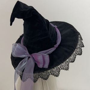 K9SEQ Lace Trim Witch Pointed Hat Bandage Bow Adult Size Lolita Bucket Hat Elegant Cosplay Costume Gothic Cosplay Hat Halloween Party