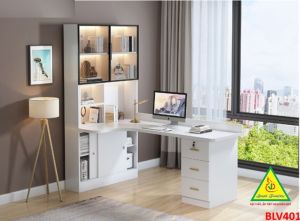 BÀN HỌC – BÀN LÀM VIỆC LIỀN KỆ GỖ MDF TỦ CÁNH KÍNH CÓ ĐÈN LED BLV401 - NỘI THẤT LẮP RÁP VIENDONGADV
