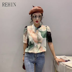 REHIN Womens top New Summer niche fashion print short sleeve shirt traditional plate buckle retro high neck loose elegant blouse