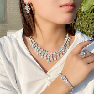 SEQUITO Luxury Fashion Wedding Bridal 4pcs Jewelry Set Full Micro Pave Tiny AAA CZ Diamond Water Drop Pendant Necklace Ring Bracelet Earrings for Bride SJ237