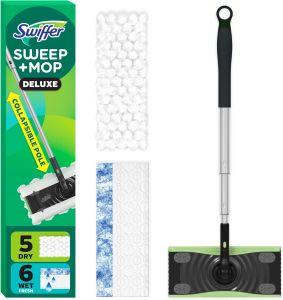 Swiffer Sweep & Mop Deluxe 2-in-1 Multi-Surface Kit for Floor Cleaning Includes 1 Sweeper Device 5 Dry Sweeping + 6 Wet Mopping Heavy Duty Cloths Black