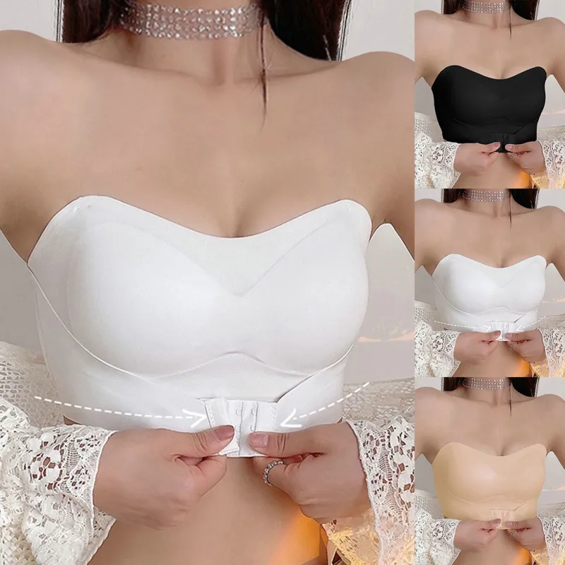Invisible Bra Tube Tops Strapless Front Buckle Bandeau Seamless Bralette  Wireless Wedding Brassiere Push Up Underwear Sexy Women Lingerie