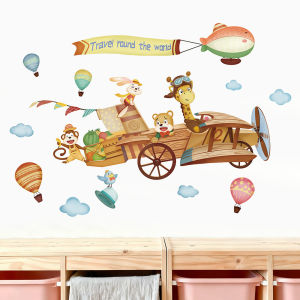 Decal giấy dán tường Máy bay động vật khám phá thế giới - Trang trí tường phòng bé theo chủ đề khám phá
