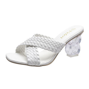 [Free Shipping] Crystal Heel High-Heeled Slippers for Women One-Strap Cross-Woven Sandals for Women