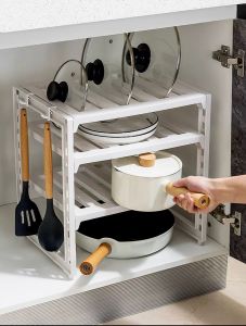 ✳️TSG65✳️ ABS Height Adjustable Under Sink Organizer Rack Countertop Organizer Rack Desktop Organizer Rack Kitchen Shelf Kitchen Rack Bathroom Organizers Rack Bathroom Storage Rack Kitchen Storage Rack Lid Holder Pan Holder Pot Storage Rack
