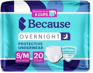 Because Overnight Absorbency Pull Ups - Incontinence Underwear Extra Absorbent Nighttime Briefs for Men and Women White Small/Medium 20 Count