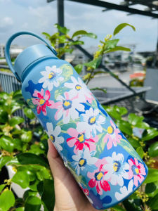 Bình Giữ Nhiệt Hoa Vintage Dung Tích Lớn 1000ML Inox 304 Có Quai Xách Tiện Lợi_Xanh trời