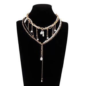 JAYQQ Metal Chain Baroque Pearl Pendant Necklace Long Pendant Imitation Pearl Multilayer Pearl Necklace Vintage Punk Style Tassel Pendant Necklace for Women