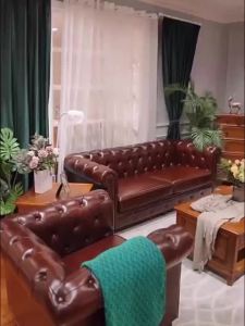 American R Sofa High-End Buckle Classic Oil Wax Leather Living Room Solid Wood Sofa 2 3 Seater