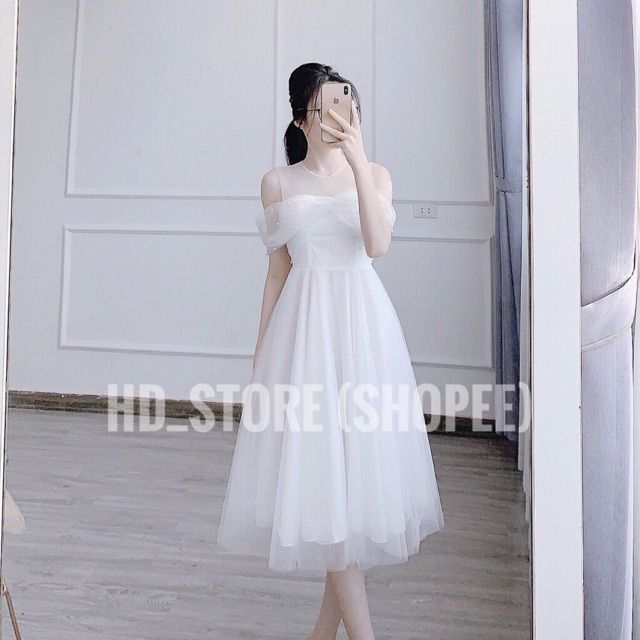 free chỉnh sửa váy) đầm von trắng trễ vai váy xòe, váy trễ vai mặc được  nhiều kiểu, váy trắng chụp hình cưới | Shopee Việt Nam