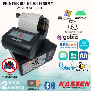 Kassen MT200 Mini Printer Thermal 58mm Bluetooth Portable MT-200 / MT 200 RPP02N Cetak Struk Thermal PPOB / Mokapos / Pawoon / Qasir Pakai baterai